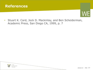 References

•  Stuart K. Card, Jock D. Mackinlay, and Ben Scheiderman,
Academic Press, San Diego CA, 1999, p. 7

20/02/14

pag. 137

 