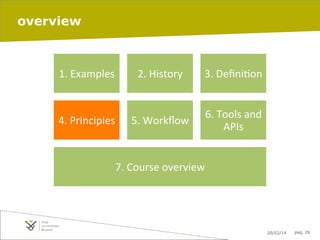 overview

1.	
  Examples	
  

2.	
  History	
  

3.	
  Deﬁni7on	
  

4.	
  Principles	
  

5.	
  Workﬂow	
  

6.	
  Tools	
  and	
  
APIs	
  

7.	
  Course	
  overview	
  	
  	
  	
  	
  	
  	
  	
  	
  	
  	
  	
  

20/02/14

pag. 26

 