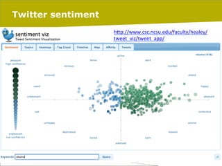 Twitter sentiment
hJp://www.csc.ncsu.edu/faculty/healey/
tweet_viz/tweet_app/	
  
	
  

20/02/14

pag. 8

 
