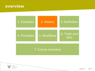 overview

1.	
  Examples	
  

2.	
  History	
  

3.	
  Deﬁni7on	
  

4.	
  Principles	
  

5.	
  Workﬂow	
  

6.	
  Tools	
  and	
  
APIs	
  

7.	
  Course	
  overview	
  	
  	
  	
  	
  	
  	
  	
  	
  	
  	
  	
  

20/02/14

pag. 9

 