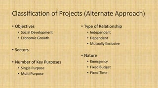 Classification of Projects (Alternate Approach)
• Objectives
• Social Development
• Economic Growth
• Sectors
• Number of Key Purposes
• Single Purpose
• Multi Purpose
• Type of Relationship
• Independent
• Dependent
• Mutually Exclusive
• Nature
• Emergency
• Fixed Budget
• Fixed Time
 