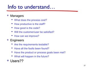 Info to understand…
 Managers
 What does the process cost?
 How productive is the staff?
 How good is the code?
 Will the customer/user be satisfied?
 How can we improve?
 Engineers
 Are the requirements testable?
 Have all the faults been found?
 Have the product or process goals been met?
 What will happen in the future?
 Users??
37
 