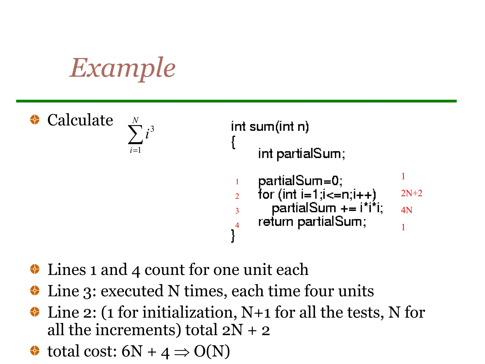 Example


N
i
i
1
3
Calculate
Lines 1 and 4 count for one unit each
Line 3: executed N times, each time four units
Line 2: (1 for initialization, N+1 for all the tests, N for
all the increments) total 2N + 2
total cost: 6N + 4  O(N)
1
2
3
4
1
2
3
4
1
2N+2
4N
1
 