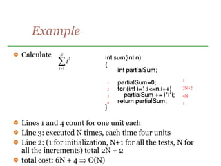 Example


N
i
i
1
3
Calculate
Lines 1 and 4 count for one unit each
Line 3: executed N times, each time four units
Line 2: (1 for initialization, N+1 for all the tests, N for
all the increments) total 2N + 2
total cost: 6N + 4  O(N)
1
2
3
4
1
2
3
4
1
2N+2
4N
1
 