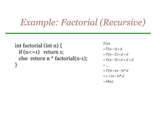 Example: Factorial (Recursive)
)
(
*
)
1
(
*
)
1
(
)
1
(
....
)
3
(
)
2
(
)
1
(
)
(
n
O
d
n
c
d
n
T
d
d
d
n
T
d
d
n
T
d
n
T
n
T




















int factorial (int n) {
if (n<=1) return 1;
else return n * factorial(n-1);
}
 