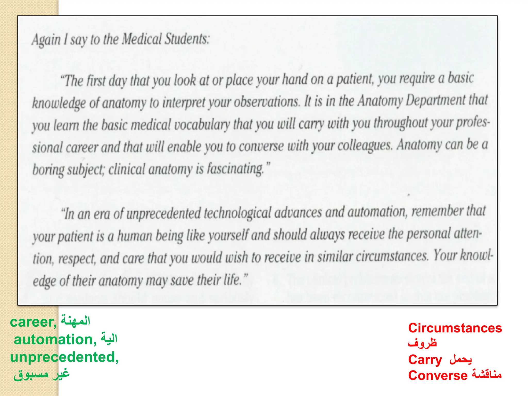 career, ‫المهنة‬
automation, ‫الية‬
unprecedented,
‫مسبوق‬ ‫غير‬
Circumstances
‫ظروف‬
Carry ‫يحمل‬
Converse ‫مناقشة‬
 