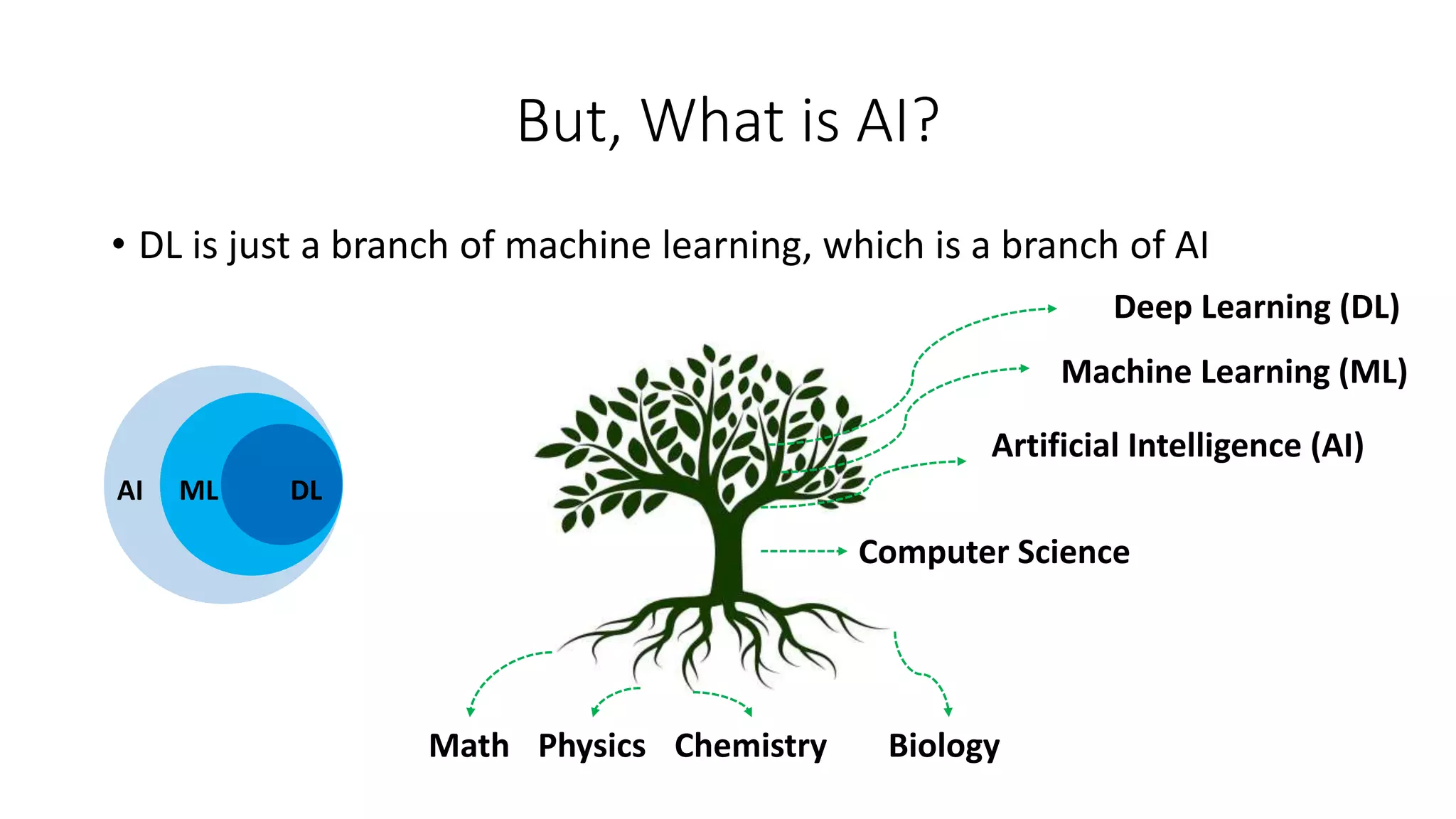 But, What is AI?
• DL is just a branch of machine learning, which is a branch of AI
Math
Computer Science
Artificial Intelligence (AI)
Machine Learning (ML)
Physics Chemistry Biology
Deep Learning (DL)
AI ML DL
 