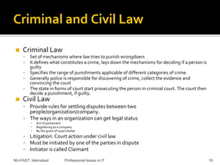 Criminal and Civil Law
◼ Criminal Law
▪ Set of mechanisms where law tries to punish wrongdoers
▪ It defines what constitutes a crime, lays down the mechanisms for deciding if a person is
guilty
▪ Specifies the range of punishments applicable of different categories of crime.
▪ Generally police is responsible for discovering of crime, collect the evidence and
convincing the court
▪ The state in forms of court start prosecuting the person in criminal court. The court then
decide a punishment, if guilty.
◼ Civil Law
▪ Provide rules for settling disputes between two
people/organization/company.
▪ The ways in an organization can get legal status
▪ Act of parliament
▪ Registering as a company
▪ By the grant of royal charter
▪ Litigation: Court action under civil law
▪ Must be initiated by one of the parties in dispute
▪ Initiator is called Claimant
NU-FAST, Islamabad Professional Issues in IT 10
 