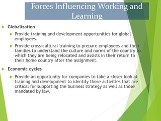 Globalization
 Provide training and development opportunities for global
employees.
 Provide cross-cultural training to prepare employees and their
families to understand the culture and norms of the country to
which they are being relocated and assists in their return to
their home country after the assignment.
 Economic cycles
 Provide an opportunity for companies to take a closer look at
training and development to identify those activities that are
critical for supporting the business strategy as well as those
mandated by law.
Forces Influencing Working and
Learning
 