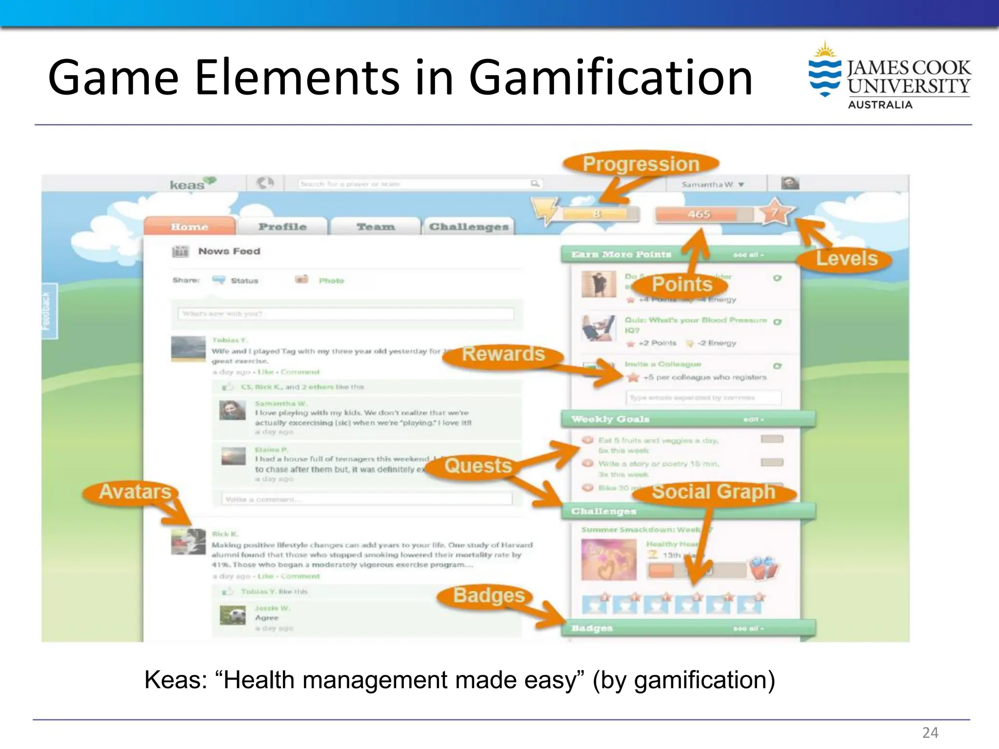 Game Elements in Gamification
Keas: “Health management made easy” (by gamification)
24
 