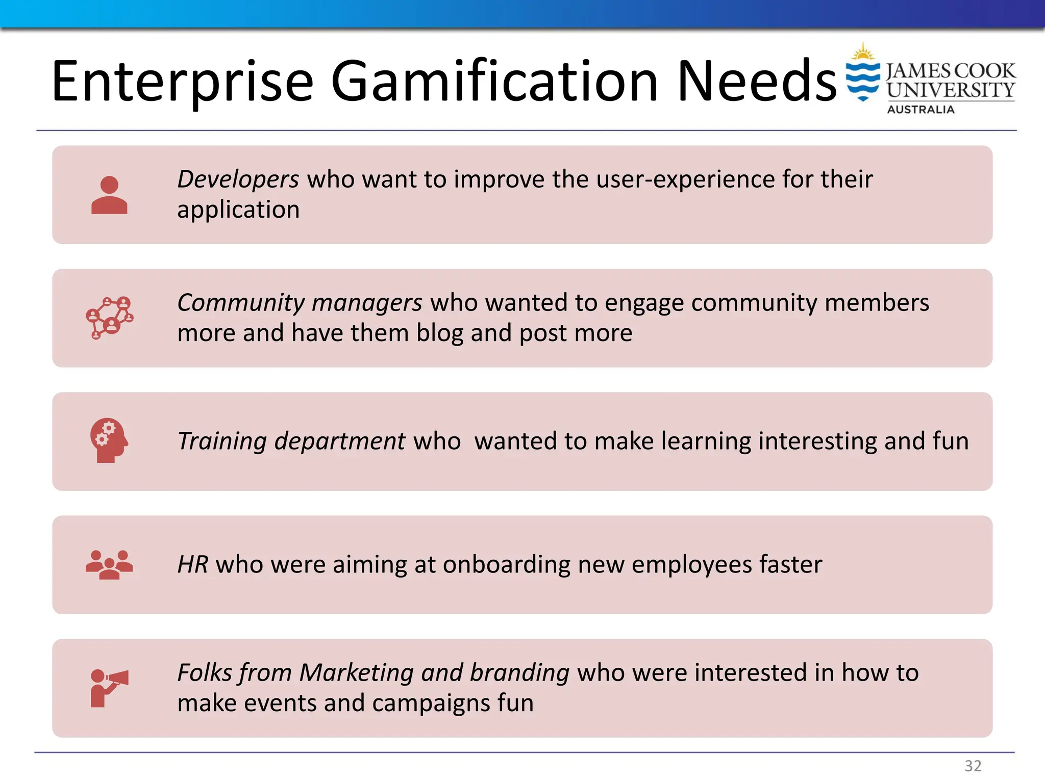 Enterprise Gamification Needs
Developers who want to improve the user-experience for their
application
Community managers who wanted to engage community members
more and have them blog and post more
Training department who wanted to make learning interesting and fun
HR who were aiming at onboarding new employees faster
Folks from Marketing and branding who were interested in how to
make events and campaigns fun
32
 
