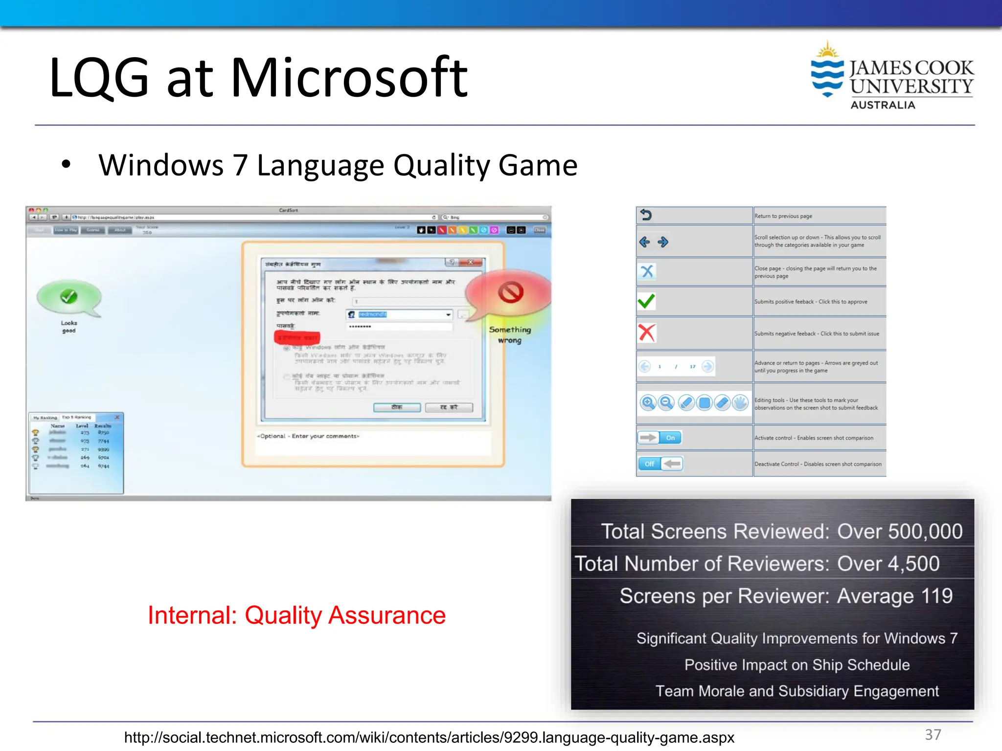 LQG at Microsoft
• Windows 7 Language Quality Game
Internal: Quality Assurance
http://social.technet.microsoft.com/wiki/contents/articles/9299.language-quality-game.aspx 37
 