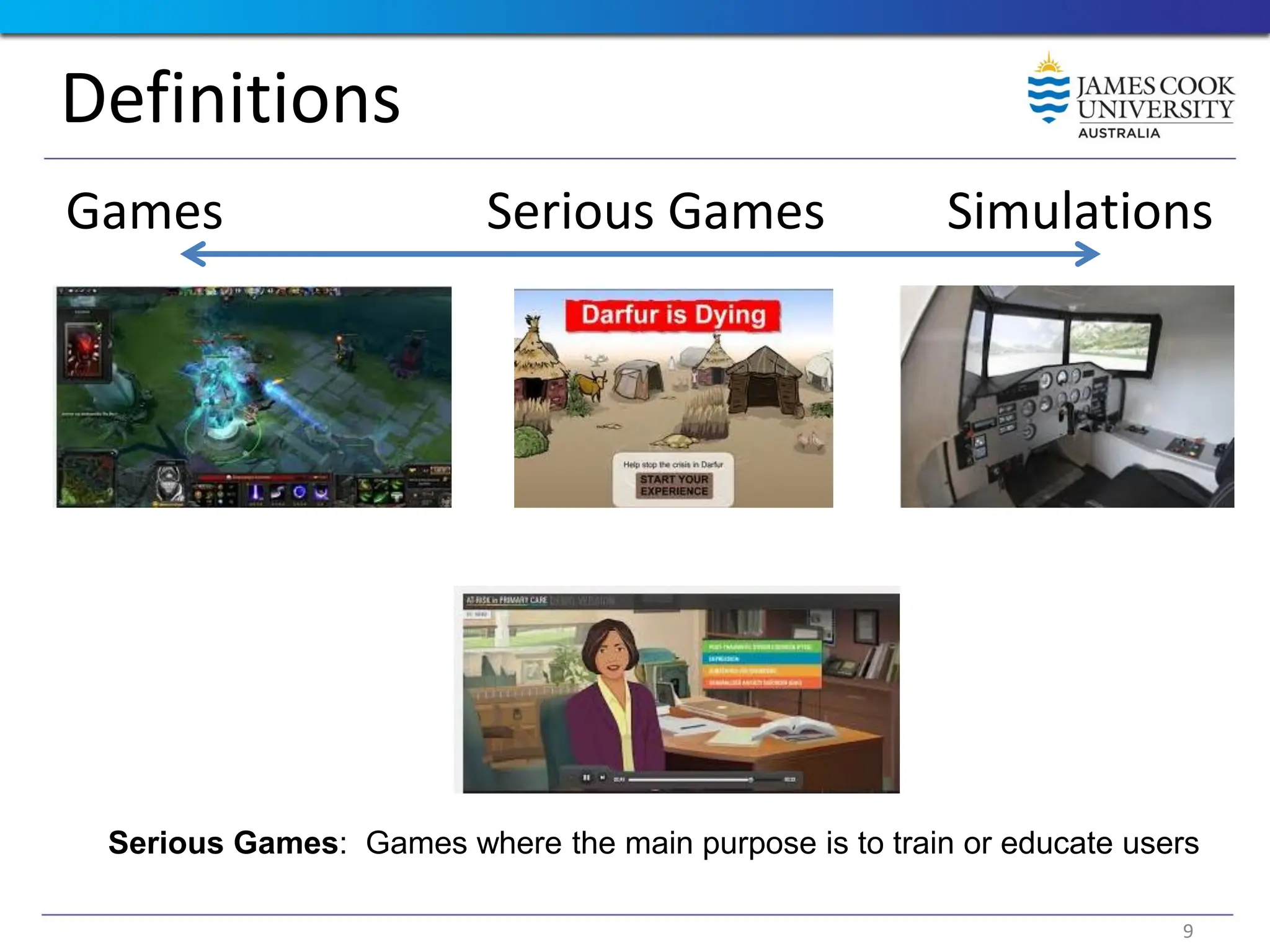 Definitions
Games Serious Games Simulations
Serious Games: Games where the main purpose is to train or educate users
9
 