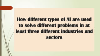 How different types of AI are used
to solve different problems in at
least three different industries and
sectors
 