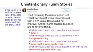 Unintentionally Funny Stories
Once upon a time there was a dishonest fox
and a vain crow. One day the crow was sitting
in his tree, holding a piece of cheese in his
mouth. He noticed that he was holding the
piece of cheese. He became hungry and
swallowed the cheese. The fox walked over to
the crow. The End.
[Schank, Tale-Spin, 1984]
What do you get when you cross a dog and a vampire?
A bungee
What do you get when you cross a cow with a rhino?
A bungee with a dog
What do you get when you cross a street and a cow?
A bungee with a bungee and a rhino
What do you get when you cross a pig with a cow with a party?
Because the engineers with a dog
 