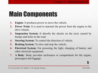 Main Components
10/19/2018GLA University| AE | Module 1 | Mr. Deepak Sharma
1. Engine: It produces power to move the vehicle.
2. Power Train: It is used to transmit the power from the engine to the
drive wheels.
3. Suspension System: It absorbs the shocks on the tyres caused by
bumps and holes in the road.
4. Steering System: To control the direction of vehicle.
5. Braking System: To slow and stop the vehicle.
6. Electrical System: For powering the light, charging of battery and
other electrical equipment
7. A Body: Body provides enclosures or compartment for the engine,
passengers and luggage.
5
Lecture 1 – Introduction to AE
 