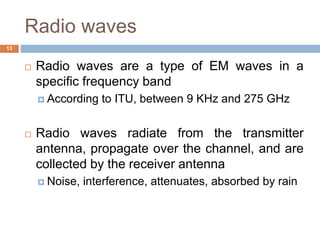 Radio waves
13
 Radio waves are a type of EM waves in a
specific frequency band
 According to ITU, between 9 KHz and 275 GHz
 Radio waves radiate from the transmitter
antenna, propagate over the channel, and are
collected by the receiver antenna
 Noise, interference, attenuates, absorbed by rain
 