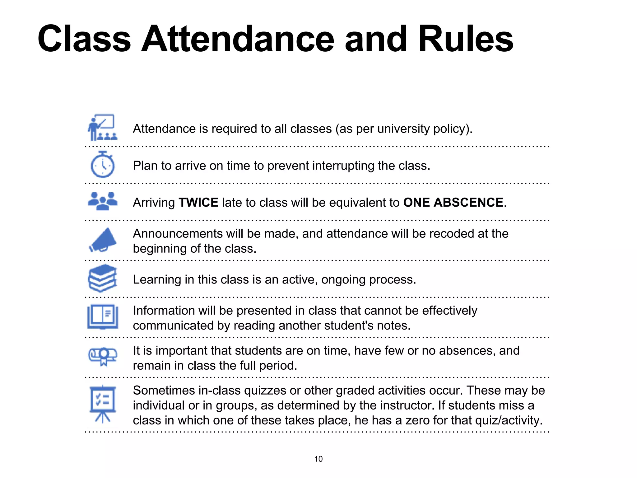 Class Attendance and Rules
Attendance is required to all classes (as per university policy).
Plan to arrive on time to prevent interrupting the class.
Arriving TWICE late to class will be equivalent to ONE ABSCENCE.
Announcements will be made, and attendance will be recoded at the
beginning of the class.
Learning in this class is an active, ongoing process.
Information will be presented in class that cannot be effectively
communicated by reading another student's notes.
It is important that students are on time, have few or no absences, and
remain in class the full period.
Sometimes in-class quizzes or other graded activities occur. These may be
individual or in groups, as determined by the instructor. If students miss a
class in which one of these takes place, he has a zero for that quiz/activity.
10
 