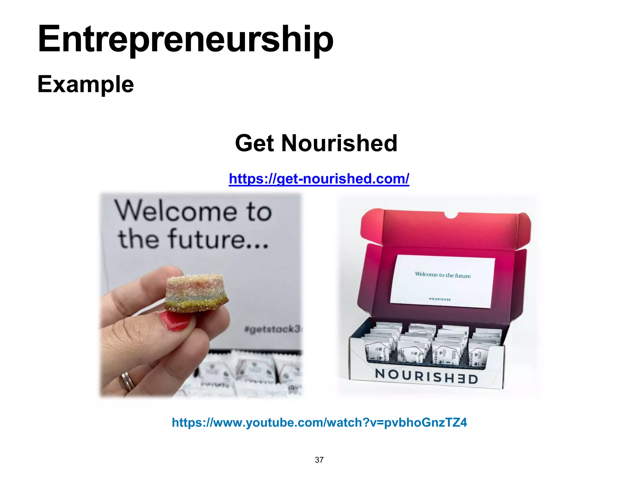 Example
Entrepreneurship
Get Nourished
https://get-nourished.com/
https://www.youtube.com/watch?v=pvbhoGnzTZ4
37
 