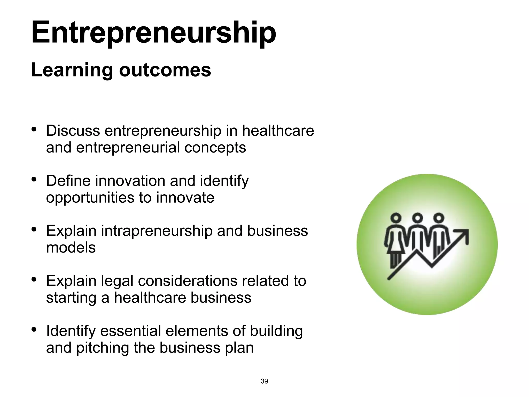 Learning outcomes
Entrepreneurship
• Discuss entrepreneurship in healthcare
and entrepreneurial concepts
• Define innovation and identify
opportunities to innovate
• Explain intrapreneurship and business
models
• Explain legal considerations related to
starting a healthcare business
• Identify essential elements of building
and pitching the business plan
39
 