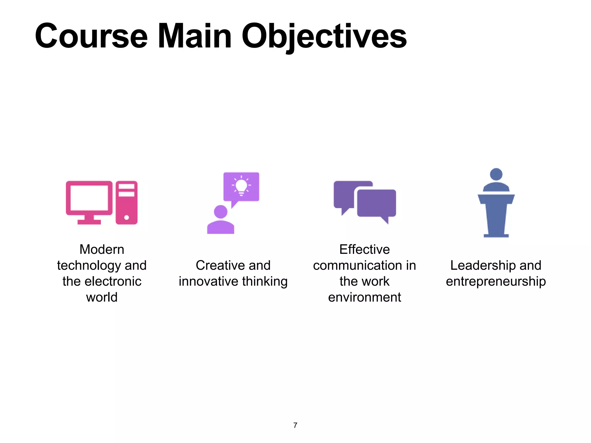 Course Main Objectives
Modern
technology and
the electronic
world
Creative and
innovative thinking
Effective
communication in
the work
environment
Leadership and
entrepreneurship
7
 