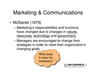 Marketing & Communications
• McDaniel (1979)
  – Marketing’s responsibilities and functions
    have changed due to changes in values,
    resources, technology and government.
  – Managers are encouraged to change their
    strategies in order to meet their organization’s
    changing goals.
                   What does
                    What does
                   it mean for
                    it mean for
                   marketers?
                   marketers?
                                                   15
 
