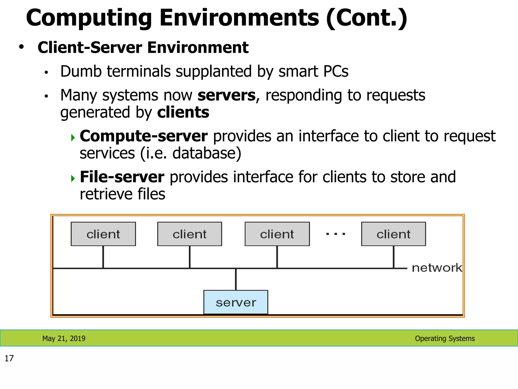Computing Environments (Cont.) • Client-Server Environment • Dumb terminals supplanted by smart PCs • Many systems now servers, responding to requests generated by clients Compute-server provides an interface to client to request services (i.e. database) File-server provides interface for clients to store and retrieve files 17 Operating Systems May 21, 2019 