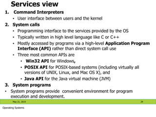 Services view
1. Command Interpreters
• User interface between users and the kernel
2. System calls
• Programming interface to the services provided by the OS
• Typically written in high level language like C or C++
• Mostly accessed by programs via a high-level Application Program
Interface (API) rather than direct system call use
• Three most common APIs are
• Win32 API for Windows,
• POSIX API for POSIX-based systems (including virtually all
versions of UNIX, Linux, and Mac OS X), and
• Java API for the Java virtual machine (JVM)
3. System programs
• System programs provide convenient environment for program
execution and development.
May 21, 2019 29
Operating Systems
 