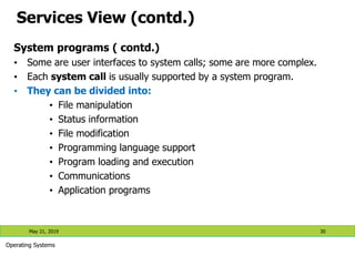 Services View (contd.)
System programs ( contd.)
• Some are user interfaces to system calls; some are more complex.
• Each system call is usually supported by a system program.
• They can be divided into:
• File manipulation
• Status information
• File modification
• Programming language support
• Program loading and execution
• Communications
• Application programs
May 21, 2019 30
Operating Systems
 