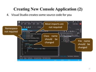 Creating New Console Application (2)
22
4. Visual Studio creates some source code for you
Namespace
not required
Class name
should be
changed
Most imports are
not required
File name
should be
changed
 
