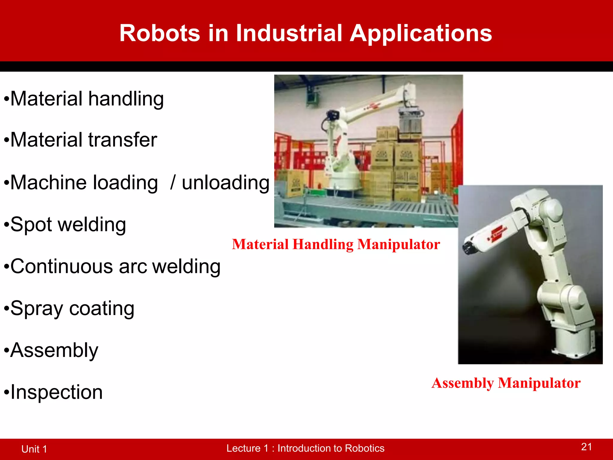 Robots in Industrial Applications
Lecture 1 : Introduction to Robotics
Unit 1 21
•Material handling
•Material transfer
•Machine loading / unloading
•Spot welding
•Continuous arc welding
•Spray coating
•Assembly
•Inspection
Material Handling Manipulator
Assembly Manipulator
 