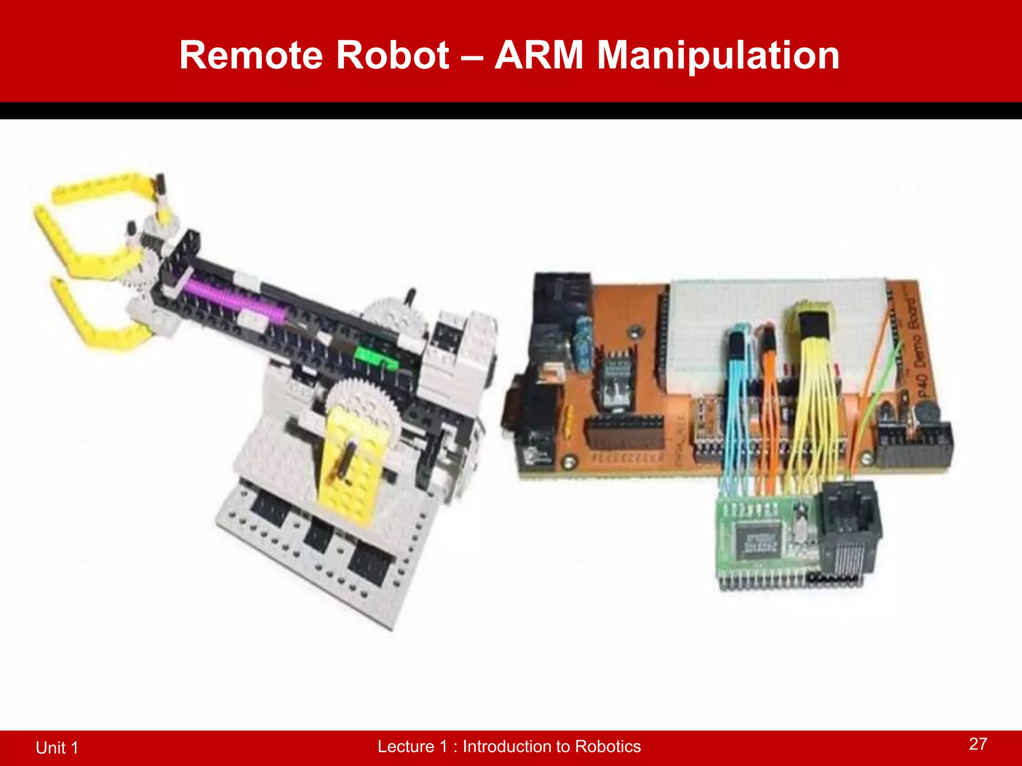 Remote Robot – ARM Manipulation
Lecture 1 : Introduction to Robotics
Unit 1 27
 