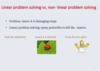 Linear problem solving vs. non- linear problem solving
• Problem: insect A is damaging crops
• Linear problem solving: spray pesticides to kill the insects
Pesticide application Insect A is declined Crops flourish again
16
 