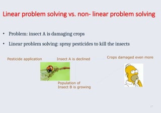 Linear problem solving vs. non- linear problem solving
• Problem: insect A is damaging crops
• Linear problem solving: spray pesticides to kill the insects
Pesticide application Insect A is declined Crops damaged even more
Population of
Insect B is growing
17
 