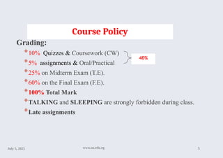 July 5, 2025 www.su.edu.eg 5
Course Policy
Grading:
*10% Quizzes & Coursework (CW)
*5% assignments & Oral/Practical
*25% on Midterm Exam (T.E).
*60% on the Final Exam (F.E).
*100% Total Mark
*TALKING and SLEEPING are strongly forbidden during class.
*Late assignments
40%
 