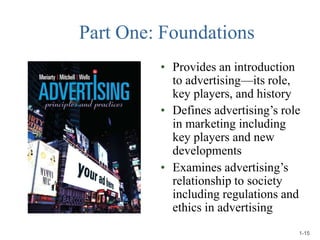 Part One: Foundations
• Provides an introduction
to advertising—its role,
key players, and history
• Defines advertising’s role
in marketing including
key players and new
developments
• Examines advertising’s
relationship to society
including regulations and
ethics in advertising
(Insert new book cover)
1-15
 