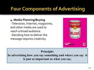 4. Media Planning/Buying
Television, Internet, magazines,
and other media are used to
reach a broad audience.
Deciding how to deliver the
message requires creativity.
Principle:
In advertising how you say something and where you say it
is just as important as what you say.
1-26
 