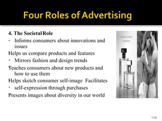 4. The SocietalRole
•
•
•
•
•
•
• Informs consumers about innovations and
issues
Helps us compare products and features
Mirrors fashion and design trends
Teaches consumers about new products and
how to use them
Helps sketch consumer self-image Facilitates
self-expression through purchases
Presents images about diversity in our world
1-32
 