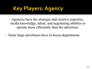  Agencies have the strategic and creative expertise,
media knowledge, talent, and negotiating abilities to
operate more efficiently than the advertiser.
 Some large advertisers have in-house departments.
1-36
 