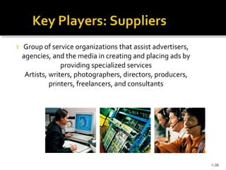  Group of service organizations that assist advertisers,
agencies, and the media in creating and placing ads by
providing specialized services
Artists, writers, photographers, directors, producers,
printers, freelancers, and consultants
1-38
 