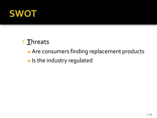  Threats
 Are consumers finding replacement products
 Is the industry regulated
1-10
 