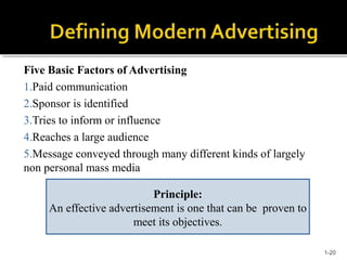 Principle:
An effective advertisement is one that can be proven to
meet its objectives.
Five Basic Factors of Advertising
...