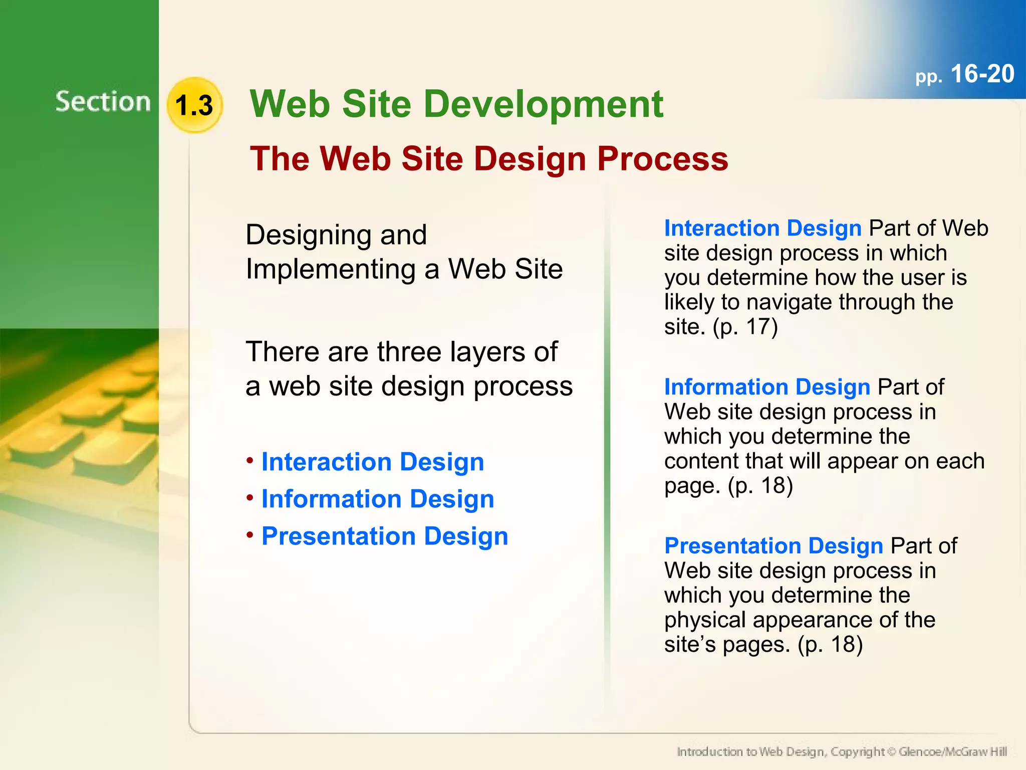 1.3 Web Site Development 
pp. 16-20 
The Web Site Design Process 
Designing and 
Implementing a Web Site 
There are three layers of 
a web site design process 
• Interaction Design 
• Information Design 
• Presentation Design 
Interaction Design Part of Web 
site design process in which 
you determine how the user is 
likely to navigate through the 
site. (p. 17) 
Information Design Part of 
Web site design process in 
which you determine the 
content that will appear on each 
page. (p. 18) 
Presentation Design Part of 
Web site design process in 
which you determine the 
physical appearance of the 
site’s pages. (p. 18) 
 