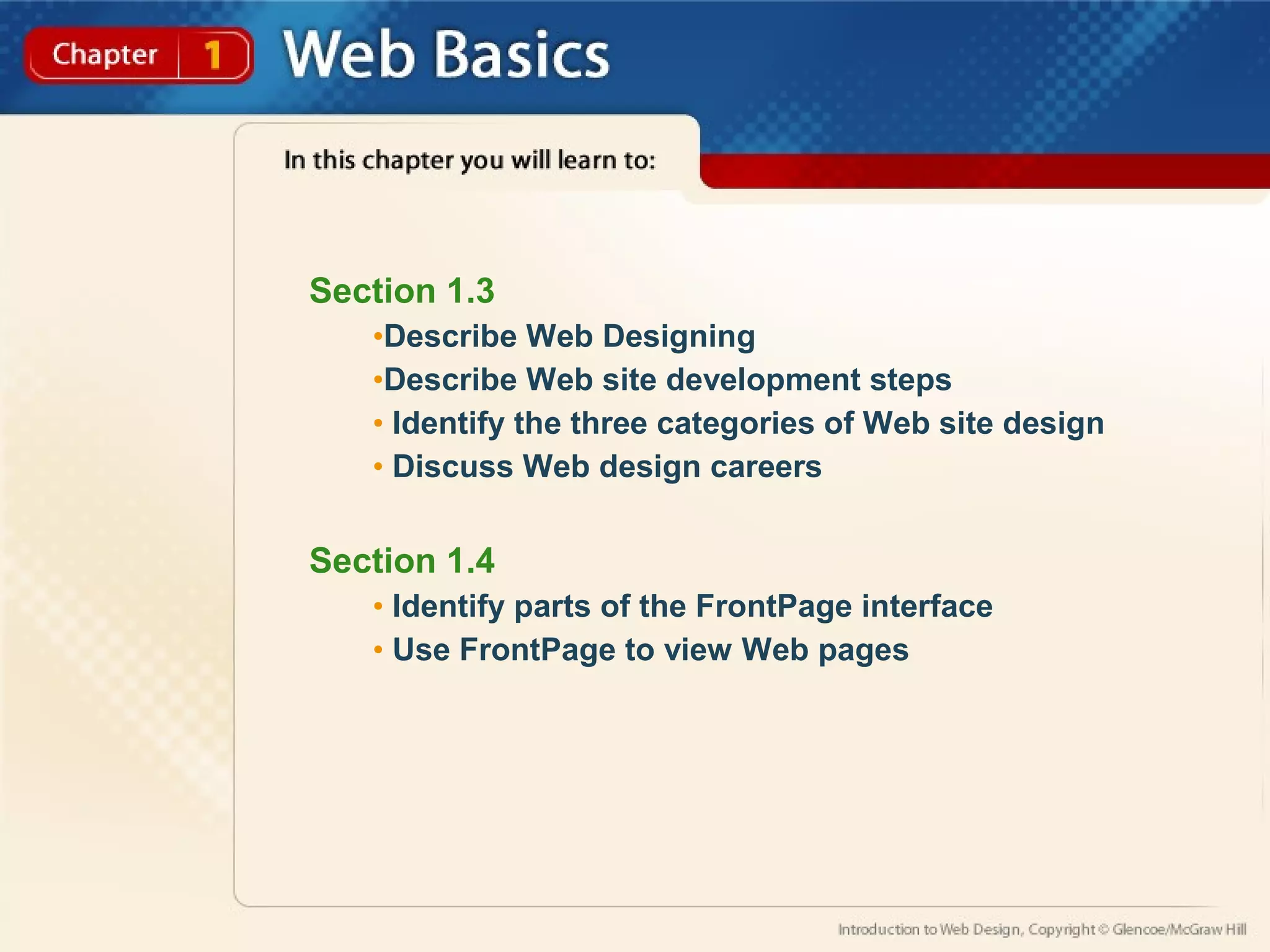 Section 1.3 
•Describe Web Designing 
•Describe Web site development steps 
• Identify the three categories of Web site design 
• Discuss Web design careers 
Section 1.4 
• Identify parts of the FrontPage interface 
• Use FrontPage to view Web pages 
 