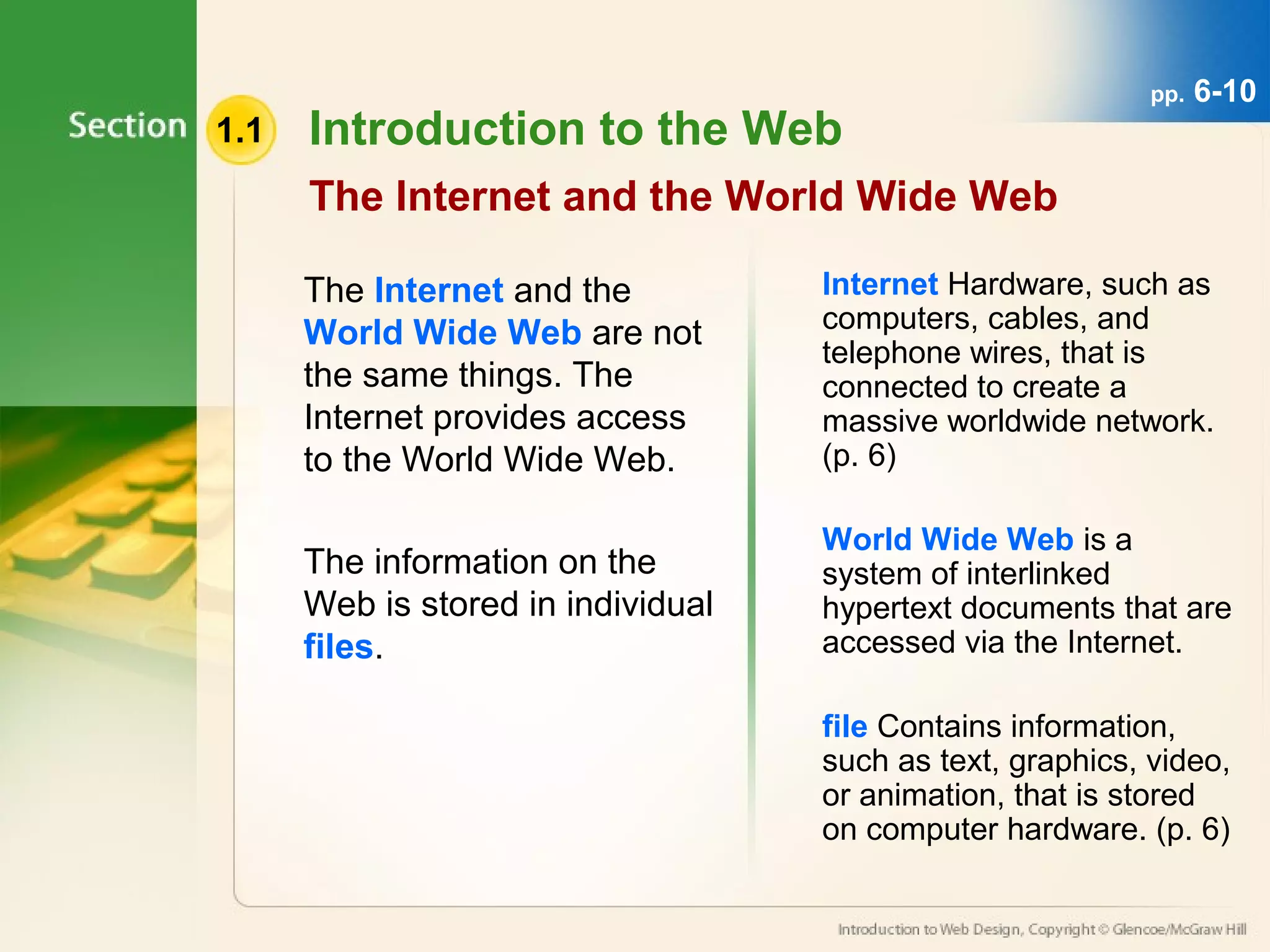 1.1 Introduction to the Web 
The Internet and the World Wide Web 
The Internet and the 
World Wide Web are not 
the same things. The 
Internet provides access 
to the World Wide Web. 
The information on the 
Web is stored in individual 
files. 
pp. 6-10 
Internet Hardware, such as 
computers, cables, and 
telephone wires, that is 
connected to create a 
massive worldwide network. 
(p. 6) 
World Wide Web is a 
system of interlinked 
hypertext documents that are 
accessed via the Internet. 
file Contains information, 
such as text, graphics, video, 
or animation, that is stored 
on computer hardware. (p. 6) 
 