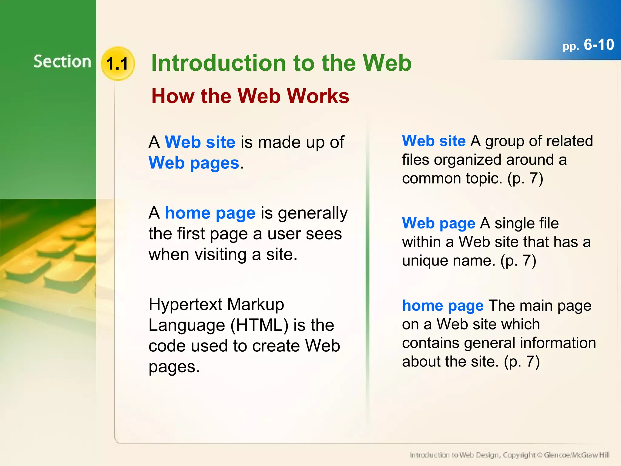 1.1 Introduction to the Web 
How the Web Works 
A Web site is made up of 
Web pages. 
A home page is generally 
the first page a user sees 
when visiting a site. 
Hypertext Markup 
Language (HTML) is the 
code used to create Web 
pages. 
pp. 6-10 
Web site A group of related 
files organized around a 
common topic. (p. 7) 
Web page A single file 
within a Web site that has a 
unique name. (p. 7) 
home page The main page 
on a Web site which 
contains general information 
about the site. (p. 7) 
 