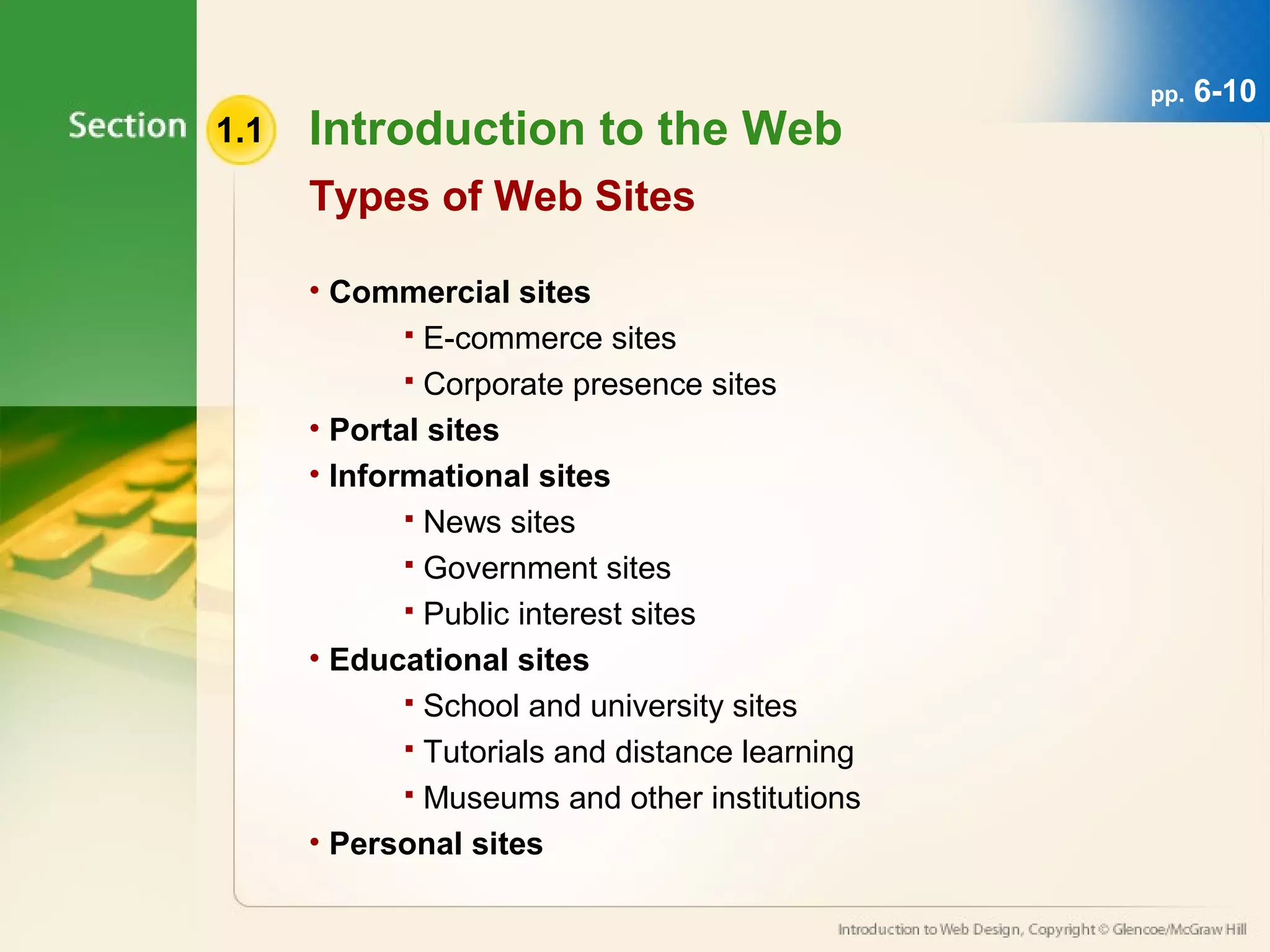 1.1 Introduction to the Web 
Types of Web Sites 
• Commercial sites 
 E-commerce sites 
 Corporate presence sites 
• Portal sites 
• Informational sites 
 News sites 
 Government sites 
 Public interest sites 
• Educational sites 
 School and university sites 
 Tutorials and distance learning 
 Museums and other institutions 
• Personal sites 
pp. 6-10 
 