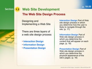 1.3 Web Site Development 
pp. 16-20 
The Web Site Design Process 
Designing and 
Implementing a Web Site 
There are three layers of 
a web site design process 
• Interaction Design 
• Information Design 
• Presentation Design 
Interaction Design Part of Web 
site design process in which 
you determine how the user is 
likely to navigate through the 
site. (p. 17) 
Information Design Part of 
Web site design process in 
which you determine the 
content that will appear on each 
page. (p. 18) 
Presentation Design Part of 
Web site design process in 
which you determine the 
physical appearance of the 
site’s pages. (p. 18) 
 