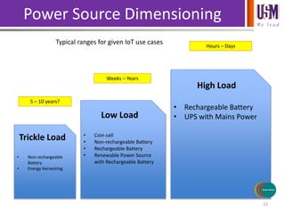 We l e a d
Power Source Dimensioning
22
Trickle Load
• Non-rechargeable
Battery
• Energy Harvesting
Low Load
• Coin cell
• Non-rechargeable Battery
• Rechargeable Battery
• Renewable Power Source
with Rechargeable Battery
High Load
• Rechargeable Battery
• UPS with Mains Power
5 – 10 years?
Weeks – Years
Hours – Days
Typical ranges for given IoT use cases
Sensors/Inputs
Actuators/
Outputs
Processing
Communications
Power Source
 