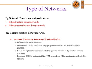 Type of Networks
By Network Formation and Architecture
• Infrastructure-based network.
• Infrastructureless (ad hoc) network.
By Communication Coverage Area.
1. Wireless Wide Area Networks (Wireless WANs)
• Infrastructure-based networks
• Connections can be made over large geographical areas, across cities or even
countries
• Use of multiple antenna sites or satellite systems maintained by wireless service
providers.
• Examples :Cellular networks (like GSM networks or CDMA networks) and satellite
networks
8Chandra Prakash, LPU
 